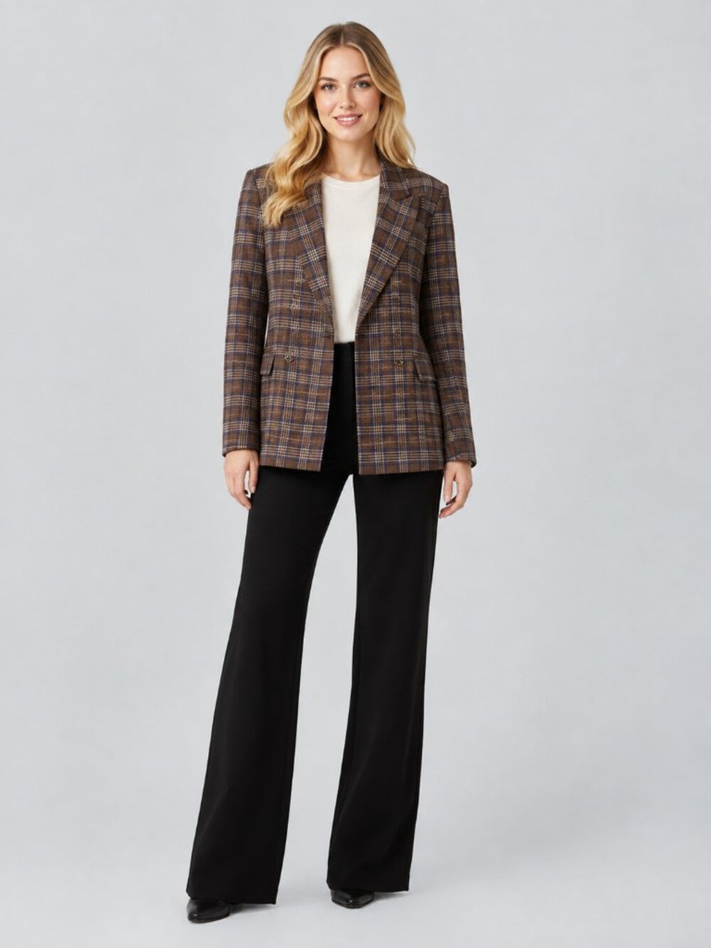 Urban Outfitters Plaid Double-Breasted Blazer Brown Petite Small #A4038
